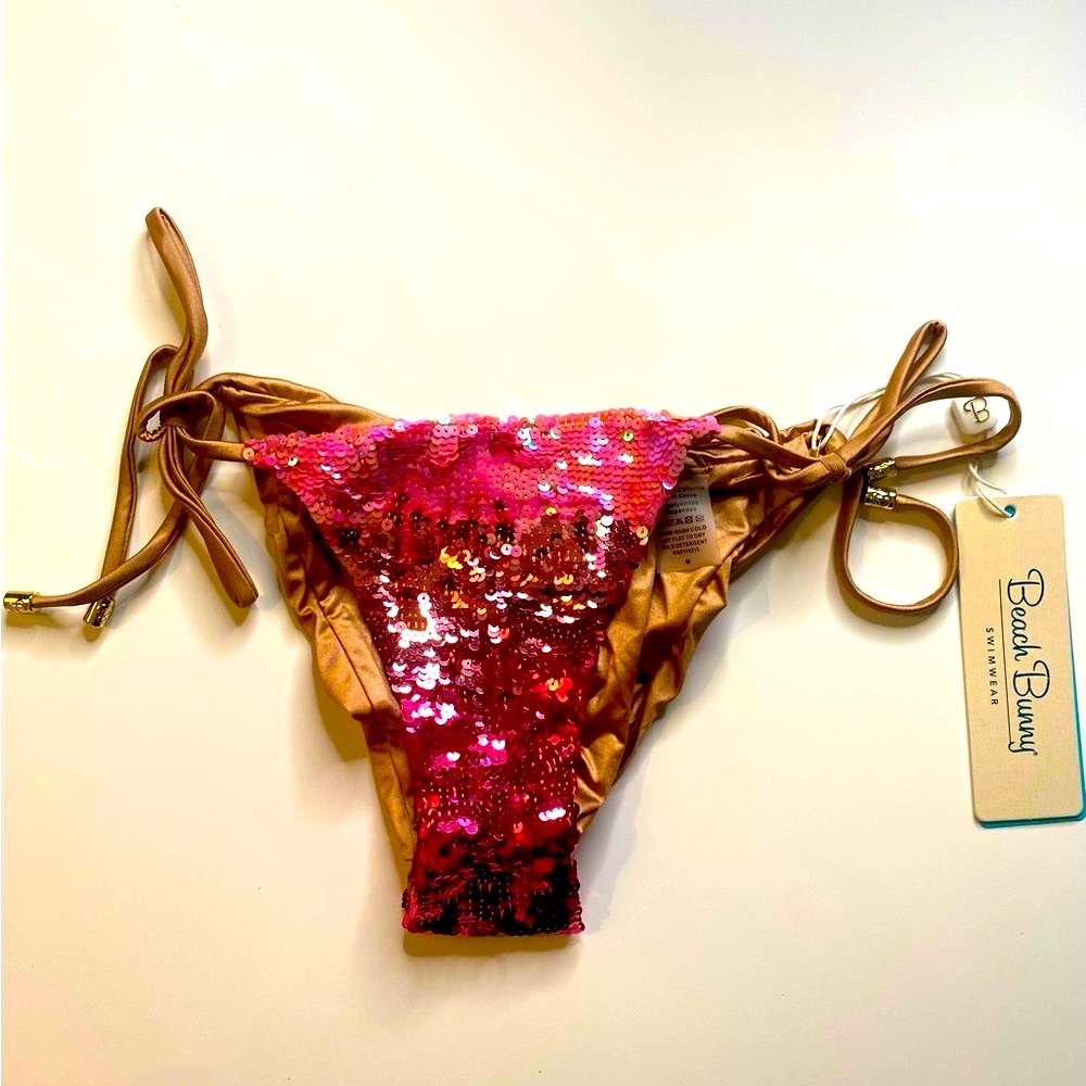 Beach Bunny Swimwear- Ariel Tie Side Bottom - L & M / NEW WITH TAG🏷️ /Shiny Pink - Picture 5 of 11